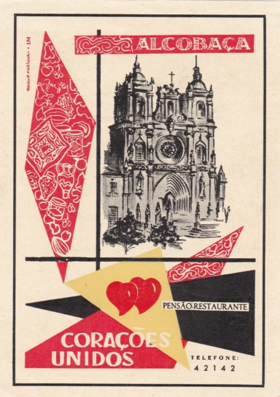 Portugal Coracoes Alcobaca Pensao Restaurante Vintage Luggage Label sk2400