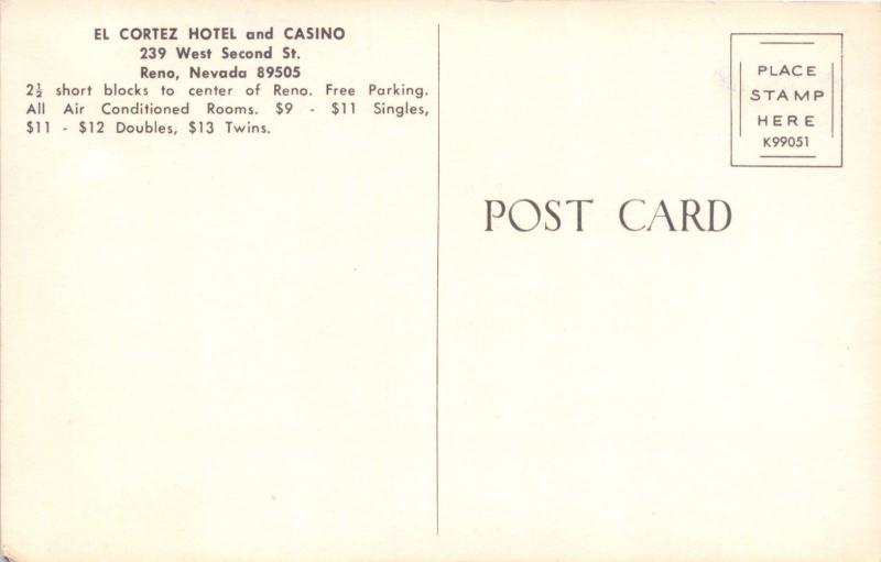 RENO NEVADA EL CORTEZ HOTEL~W SECOND ST~SINGLES $9-11 DBLS $11-12 POSTCARD 1970s