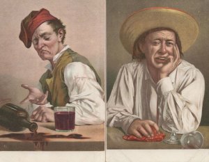 Grumpy Drunk Moaning Sad Man Wine Old 2x Painting Postcard s