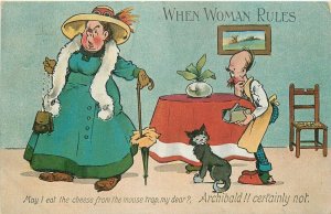 Postcard 1914 When Woman rules cat husband mouse trap Comic humor 23-6716