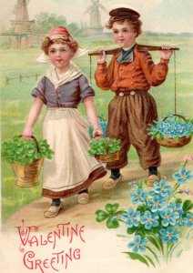 C. 1910 Dutch Couple Carrying Clover Baskets Valentine Vintage Postcard F33