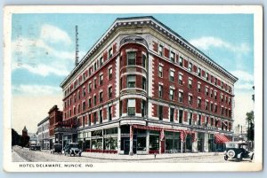 Muncie Indiana Postcard Hotel Delaware Building Classic Cars 1937 Vintage Posted