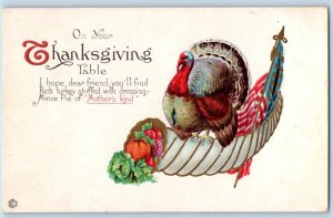 Thanksgiving Postcard Turkey Mothers Kind Cornucopia Pumpkin Apples Flag c1910's