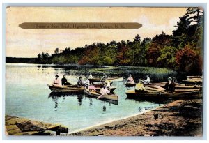 c1910's Scene At Sand Beach Highland Lake Boat Canoe Venoge New York NY Postcard 