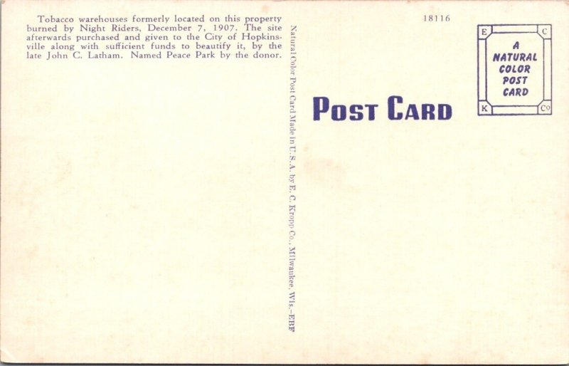 Vintage Postcard PEACE PARK, HOPKINSVILLE, KY JM7