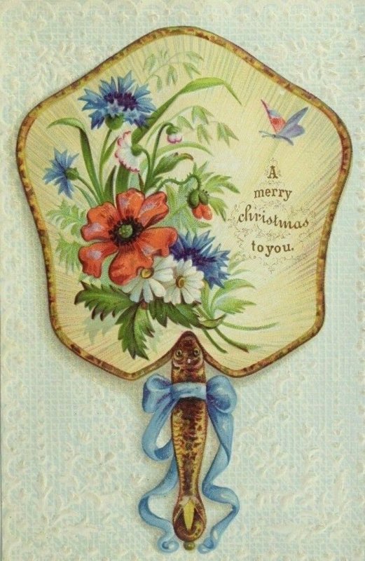 St. Nicholas Embossed Christmas Card Lady's Fan Flowers Butterfly Fabulous! P104