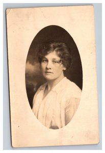 Vintage 1910's RPPC Postcard Studio Portrait Woman Short Hair in White Dress