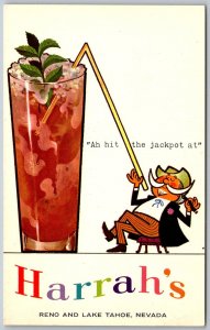 Reno & Lake Tahoe Nevada 1960s Postcard Harrah's Casino Man Giant Cocktail