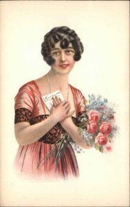 Valentine Beautiful Young Woman Letter Roses Romance Vintage Postcard