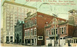 Postcard Early View of Central Fire Station & Stone Opera House, Binghamton,NY.