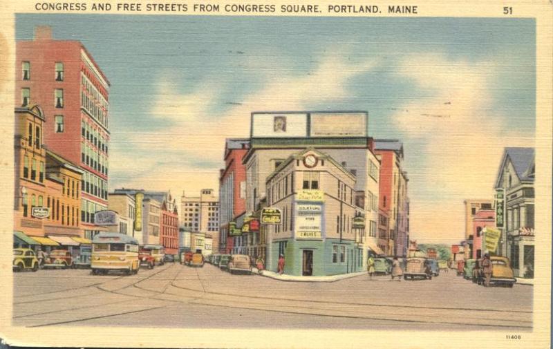 Congress and Free Streets at Congress Square - Portland, Maine - pm 1940 - Linen