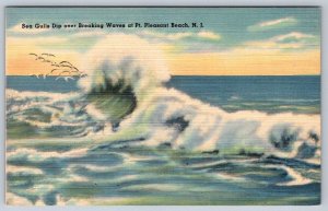 Sea Gulls Dip Over Breaking Waves, Pt Pleasant Beach New Jersey, Linen Postcard