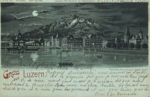 Switzerland  Luzern moonlight litho postcard 1898