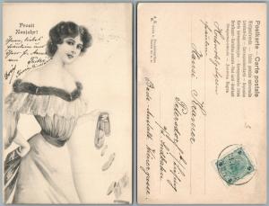 HAPPY NEW YEAR ANTIQUE AUSTRIAN ART POSTCARD - FASHINABLE LADY