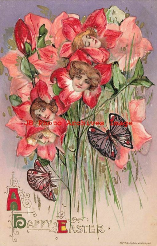 6 Postcards Set, Easter, Winsch 1910, Schmucker, Women in Flower Faces,Butterfly