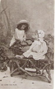 Two little sisters. Do come and play Old vintage English postcard