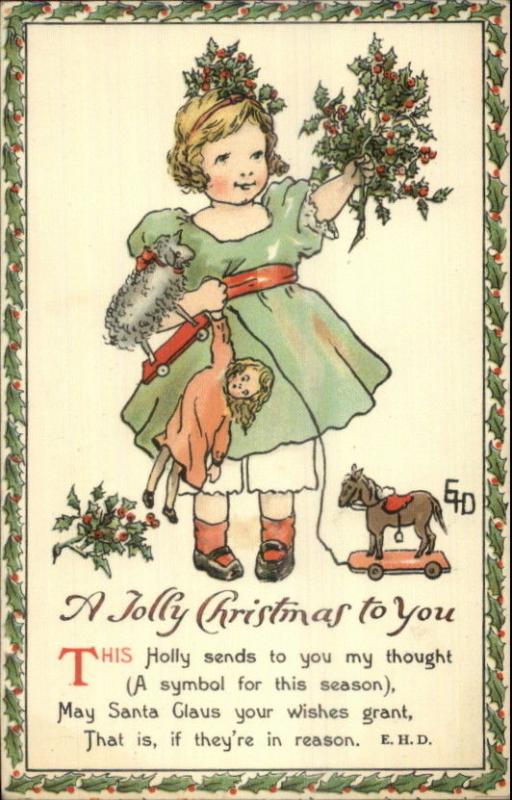 Ethel DeWees Christmas - Girl Doll Toys Holly NISTER c1910 Postcard EXC COND