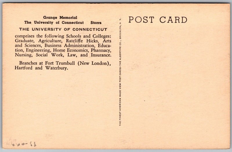 Vtg Storrs CT Grange Memorial University of Connecticut 1950s Postcard