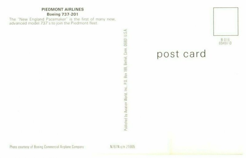 Piedmont Airlines Boeing 737 201 New England's Pacemaker Postcard