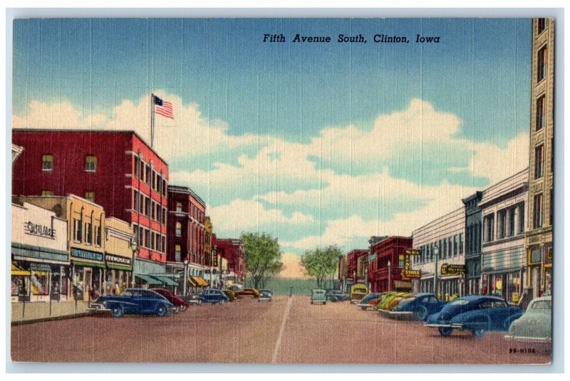 Clinton Iowa IA Postcard Fifth Avenue South Business Section c1910s Vintage Cars