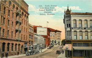 Postcard Montana Helena Sixth avenue autos Trolley tracks Robbins 23-7936