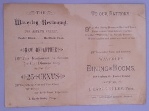 1800s Restaurant Menu Hartford Connecticut Waverly J Earle Duley