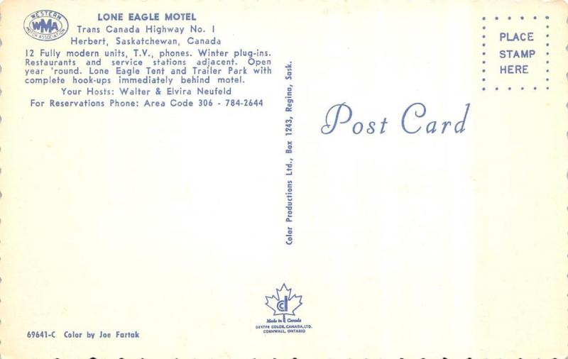 HERBERT, Saskatchewan Canada   LONE EAGLE MOTEL   Roadside Chrome Postcard