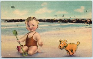 M-36390 Baby and Dog at The Beach Scene Painting/Art Print