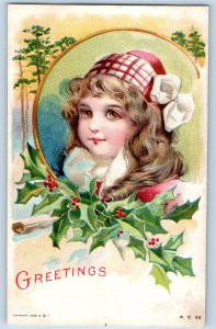 c1910's Christmas Greetings Pretty Girl With Pink Bonnet Holly Berries Postcard