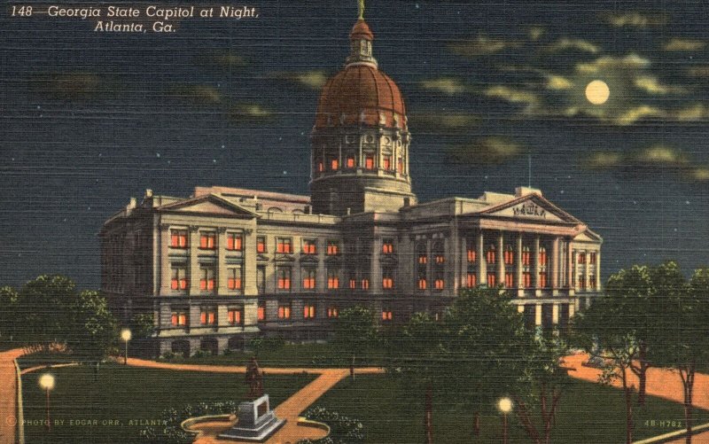 Vintage Postcard Georgia State Capitol at Night Public Building Atlanta Georgia