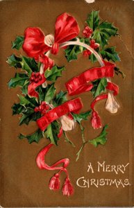 Merry Christmas With Red Ribbon and Holly 1908