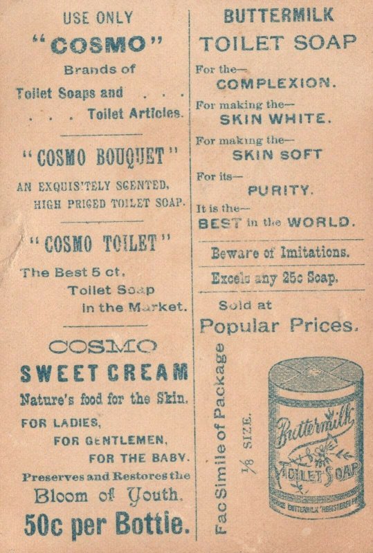 1880s-90s Buttermilk Toilet Soap For Complexion Cosmo Sweet Cream Trade Card