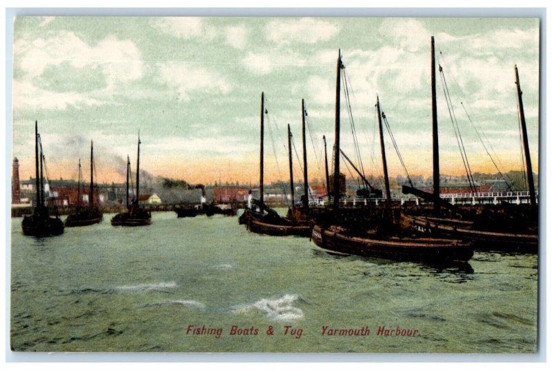 c1910 Fishing Boats Tug Sailboat Fishermen Yarmouth Harbour Vintage Postcard