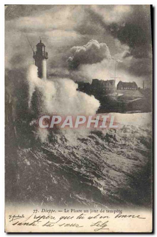 Old Postcard Dieppe Lighthouse Lighthouse one day storm