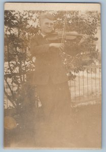 c1910's Man Playing Violin Pontiac Michigan MI RPPC Photo Antique Postcard