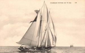 Vintage Postcard 1910's Fishermen Putting Out To Sea Sailboat Transportation
