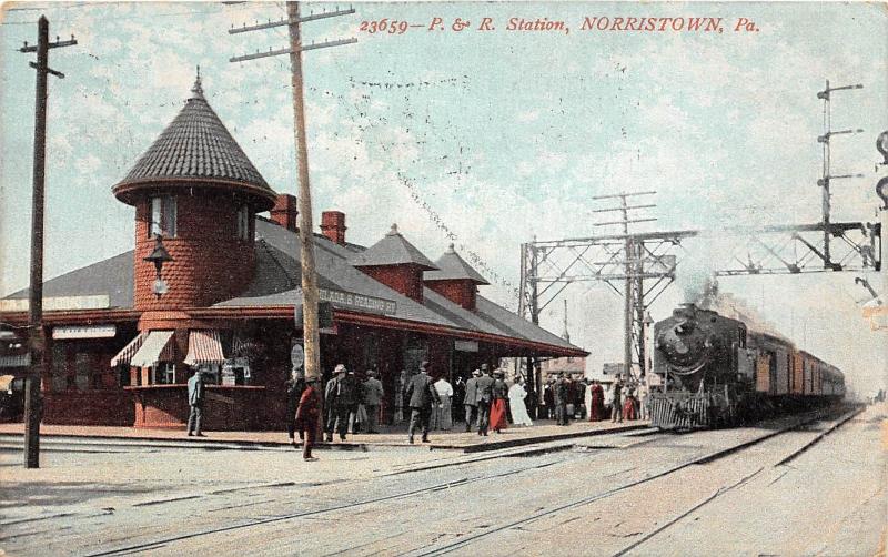 B81/ Norristown Pennsylvania Pa Postcard 1909 P&R Railroad Depot Station Loco