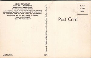 Postcard Myers Restaurant Quakertown PA