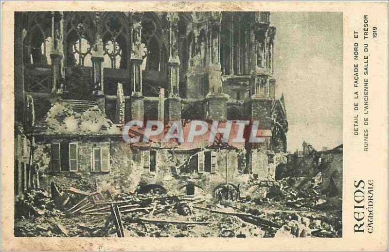 Old Postcard Reims Cathedral Facade detail of the North and Ruins of the Old ...