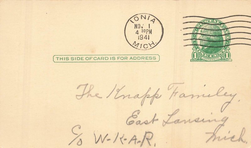 EAST LANSING MI~W K A R RADIO-KNAPP FAMILY-1941 SONG REQUEST POSTCARD FROM IONIA