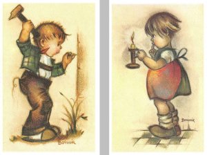 2~Postcards MAINZER~BONNIE Little Folks #588 BOY~Hammering & #586 GIRL~Candle