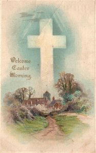 Vintage Postcard 1913 Welcome Easter Morning Greetings Card Cross Pathway Church