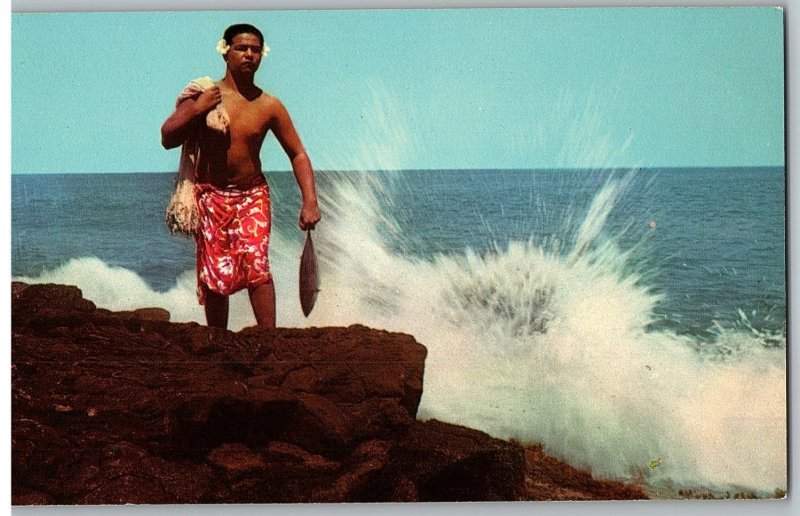 Throw Net Fisherman Catch in Hand Waves Crashing on Rocks Kona Hawaii Postcard