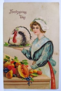 Thanksgiving Postcard Pilgrim Women Turkey Platter Fruits 1910 Germany Ser 278