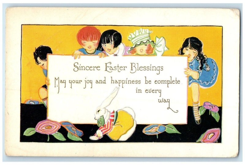 c1910's Sincere Easter Blessings Children Rabbit Embossed Antique Postcard