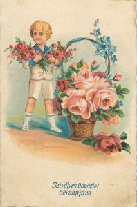 Happy Birthday kind congrats Postcard young boy flower basket arrangement