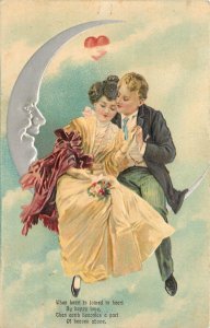 PFB Valentine Postcard 6859 Loving Couple sitting on Silver Crescent Man in Moon