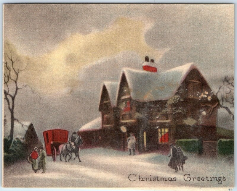 c1910s Colorful House Horse Carriage Winter Christmas Greetings Card Folding 5A