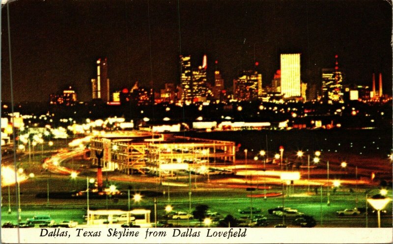 Night View Dallas Texas TX Skyline From Dallas Lovefield 1972 Chrome Postcard