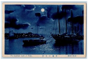 c1940's The Moonlight Night of Tokyo Japan Boat Sailing Scene Postcard